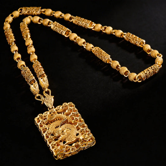 A Set. Vietnamese Sand Gold Plated Pendant Necklace with a Dragon-Shaped Pendant. Suitable for Men to Wear. Perfect for Special Occasions as a Beautiful Accessory Gift for Fathers, Husbands, and Couples. Gold Statement Chain